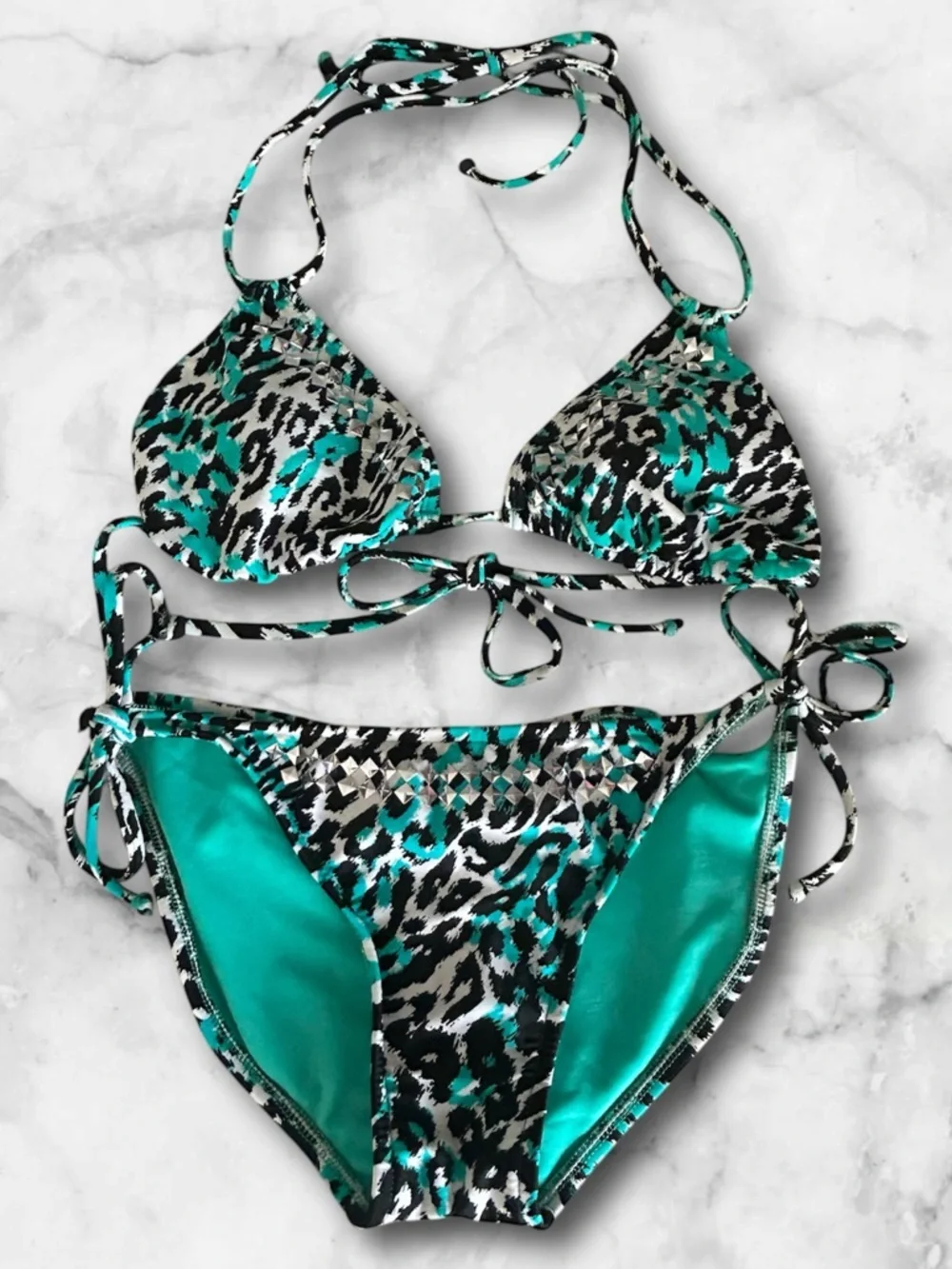 Xhilaration Turquoise Cheetah Animal Print Jeweled Bikini Adjustable Size L - Picture 1 of 12